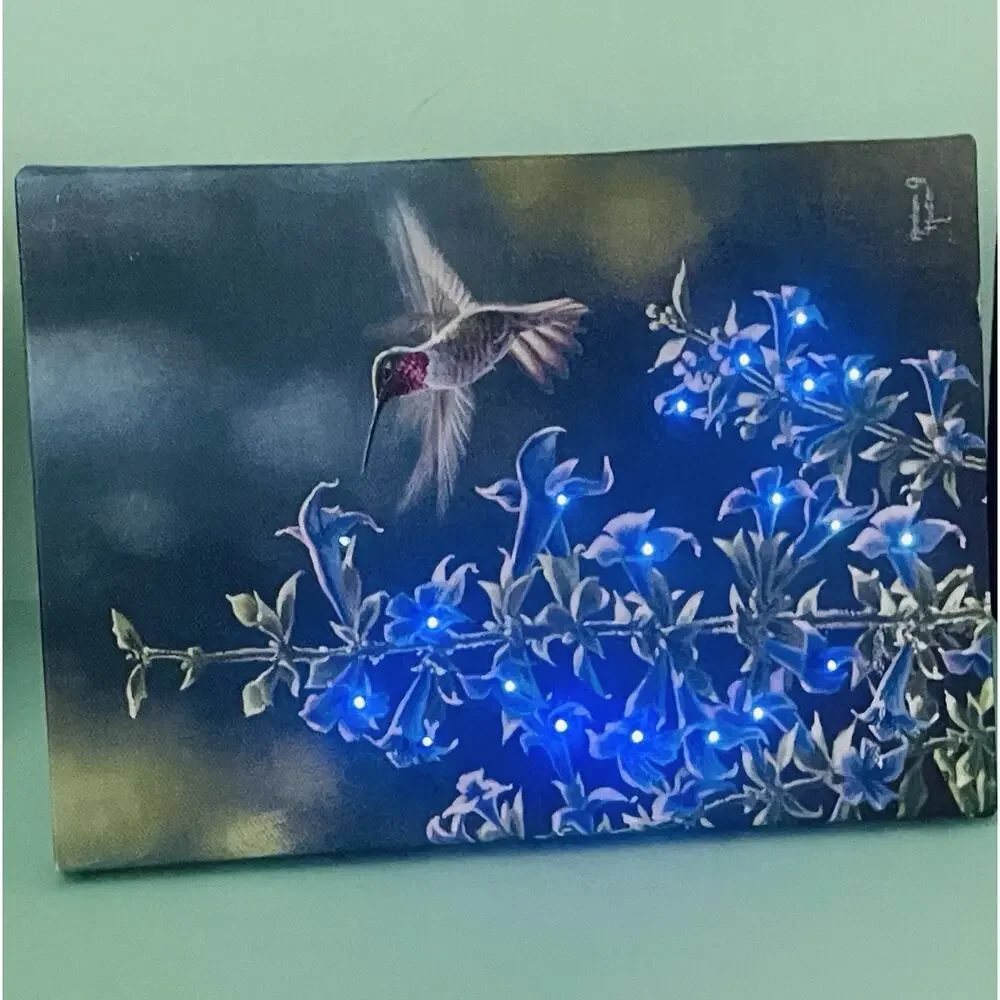 Hummingbird Flower LED Lighted Canvas Wall or Tabletop Picture 8.5 X 6